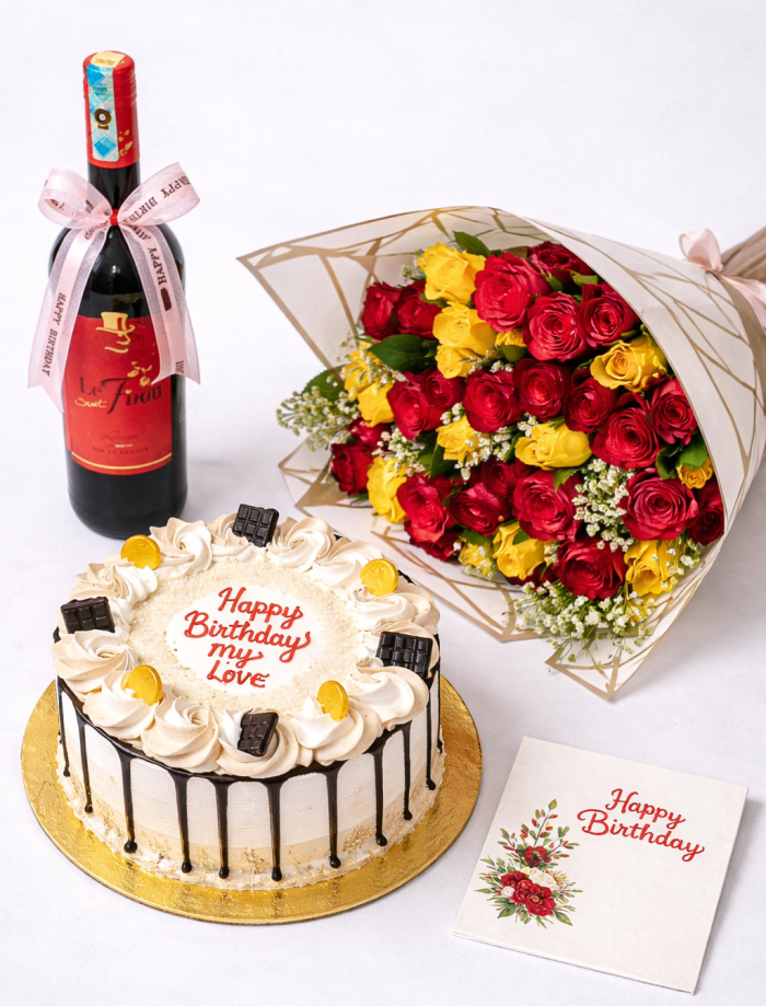 Flowers Cake and wine