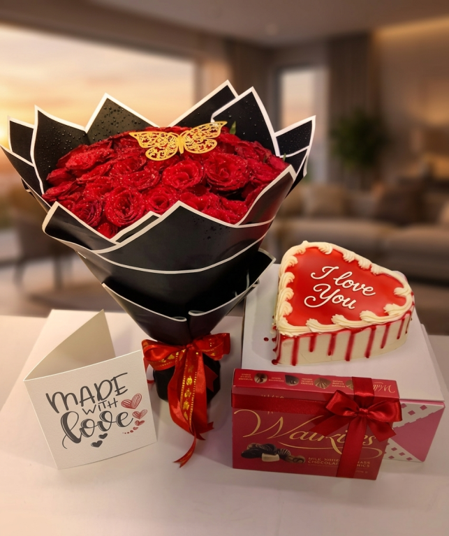 Red roses Bouquet with walker chocolate and Cake