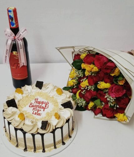 Cake with flowers and wine