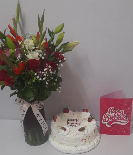 birthday flowers in a vase and card