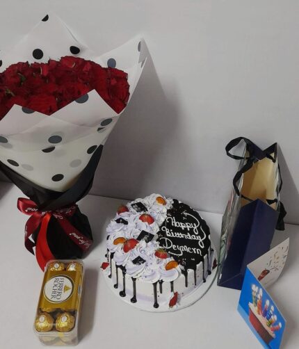 red roses chocolate and cake