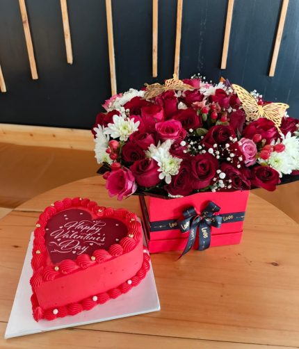 Valentine Cake and Flowers Arrangement