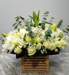 White themed flowers wooden box arrangement