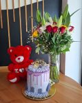 Cake, teddy bear and vase bouquet
