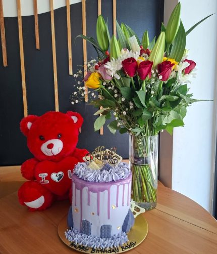 Cake, teddy bear and vase bouquet